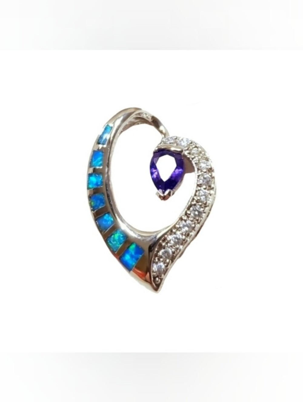 Mystic Blue Opal Amethyst CZ Open Heart Pendant 925 Sterling Silver